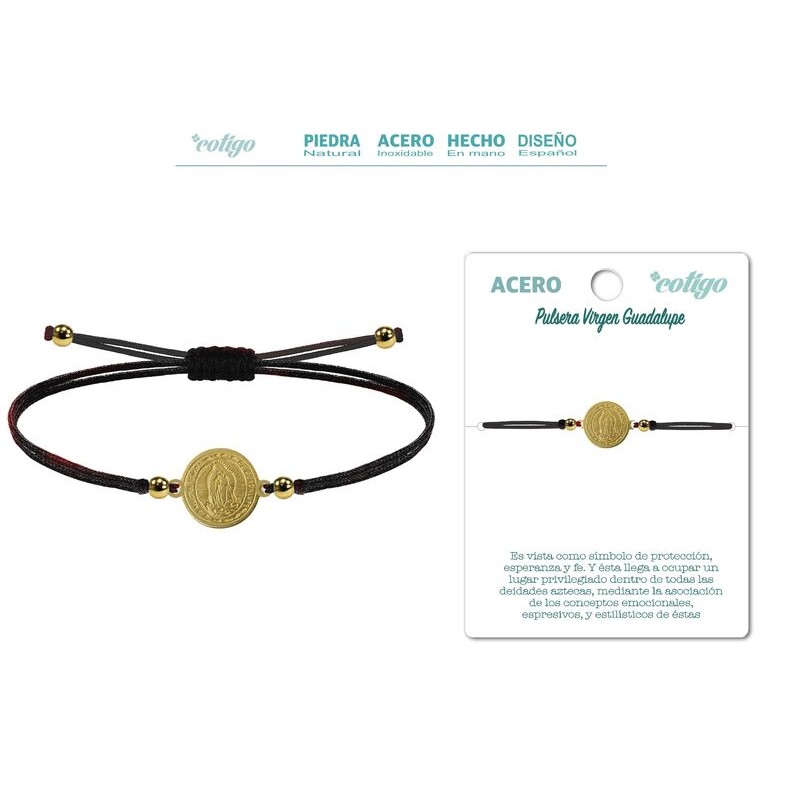 Pulsera Hilo Negro Virgen Guadalupe Dorado - Coleccion Medalla de Santos